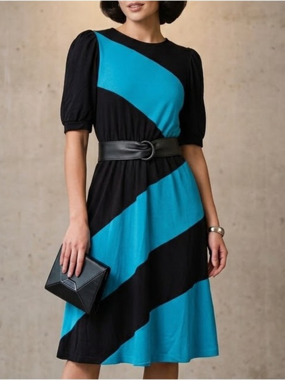 1980s Vintage Joni Blair Blue Black Colorblock Stripe Belted Dress 7 Mod Retro